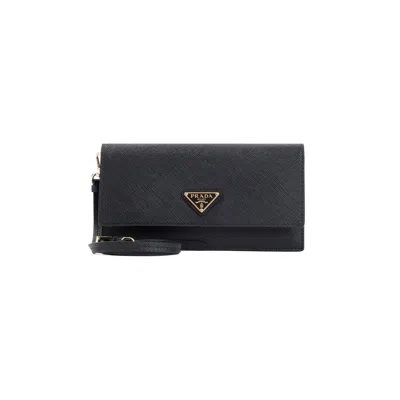 Prada Saffiano Leather Clutch With Triangle Logo In Blue
