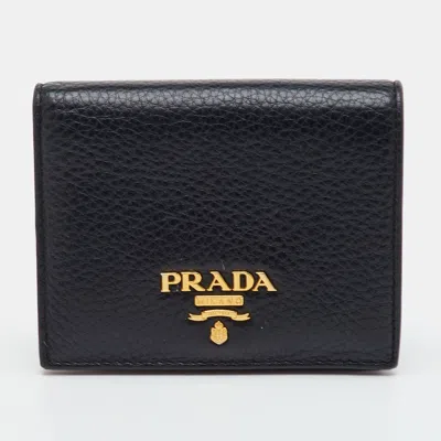 Pre-owned Prada Black Leather Compact Wallet