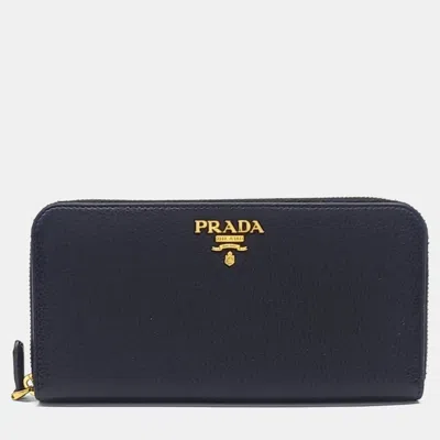 Pre-owned Prada Black Leather Dino Long Wallet