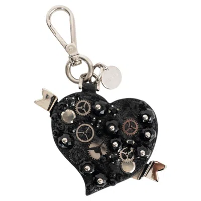 Pre-owned Prada Black Leather Embellished Heart Keyring Bag Charm