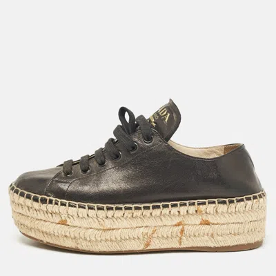 Pre-owned Prada Black Leather Espadrille Platform Lace Up Sneakers Size 36