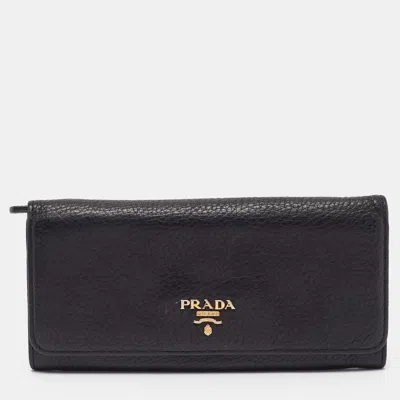 Pre-owned Prada Black Leather Flap Continental Wallet