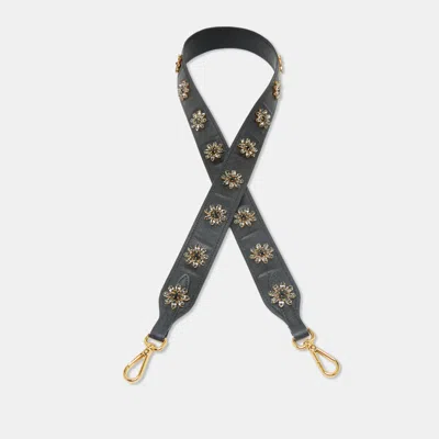 Pre-owned Prada Black Leather Floral Crystals Embellished Shoulder Bag Strap