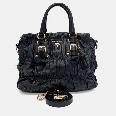 Pre-owned Prada Black Leather Gaufre Tote And Shoulder Bag