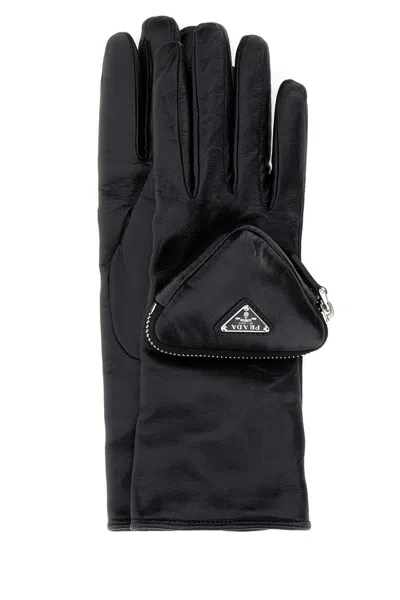 Prada Black Leather Gloves In F0002