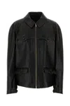 Prada Leather Jacket Long Sleeves Buttoned Pockets Tabs In Black