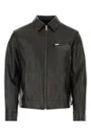 Prada Triangle-logo Leather Bomber Jacket In Black