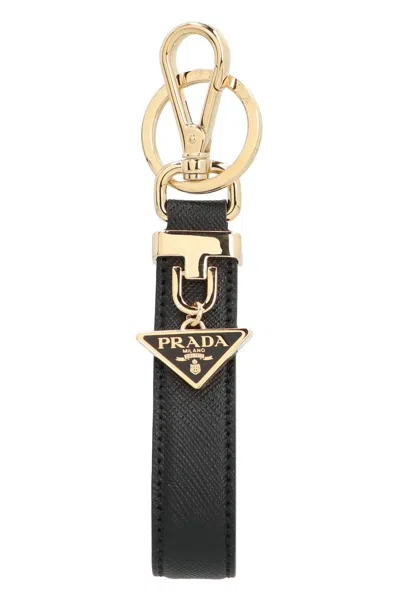 Prada Black Leather Key Ring In Gold
