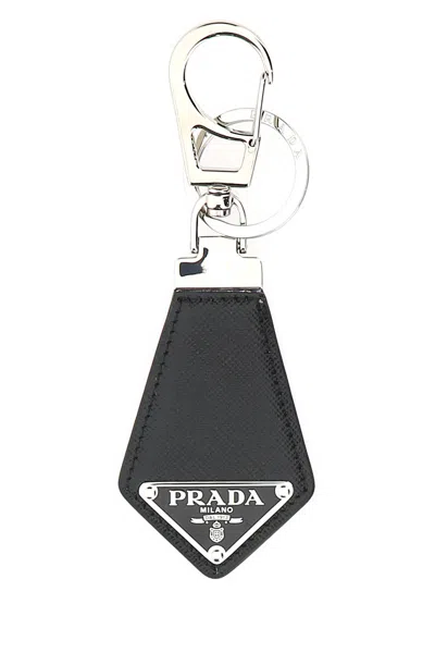 Prada Black Saffiano Key Holder With Logo In Brown