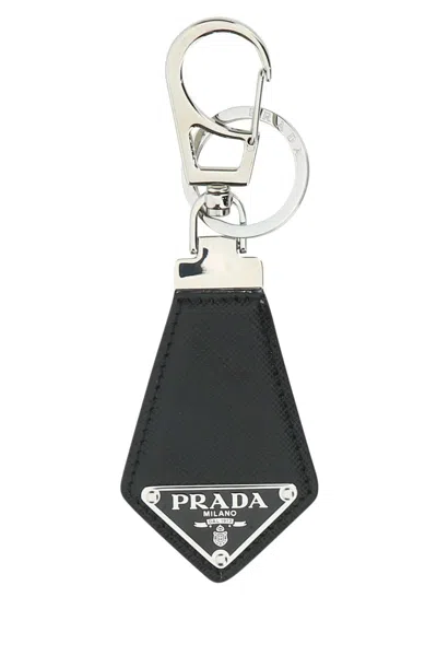 Prada Black Saffiano Key Holder With Logo In Brown