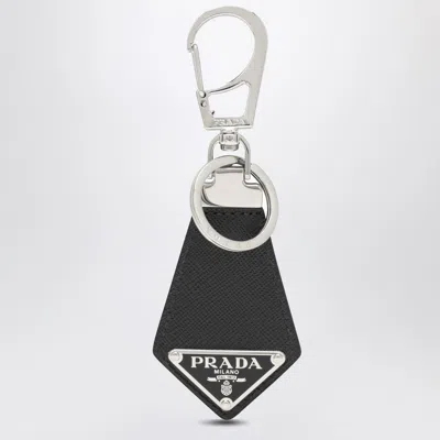 Prada Black Saffiano Key Holder With Logo In Brown