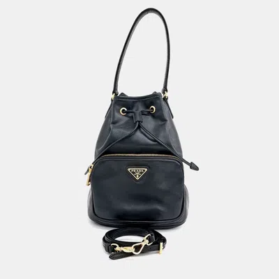Pre-owned Prada Black Leather Light Calf Bucket Tote And Crossbody Bag