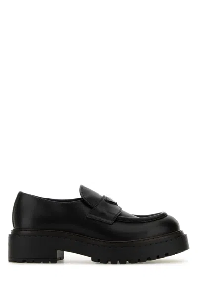 PRADA BLACK LOGO LEATHER LOAFERS