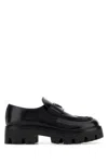 Prada Black Leather Platform Moccasin With Logo In Multi