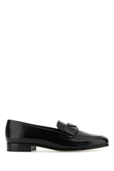 Prada Leather Loafers With Decorative Buckle And Round Toe In Black