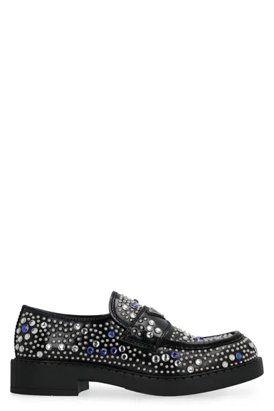 Prada Black Leather Loafers With Rhinestone Embellishments For Men In Blue