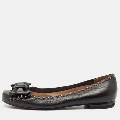 Pre-owned Prada Black Leather Logo Bow Ballet Flats Size 38