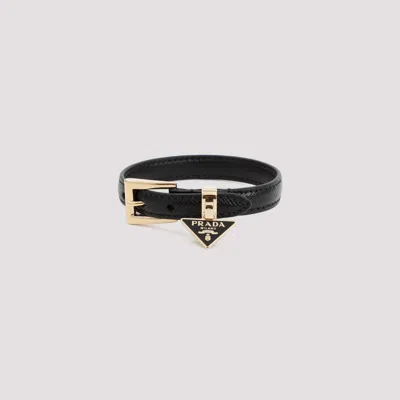 Prada Black Leather Logo Bracelet