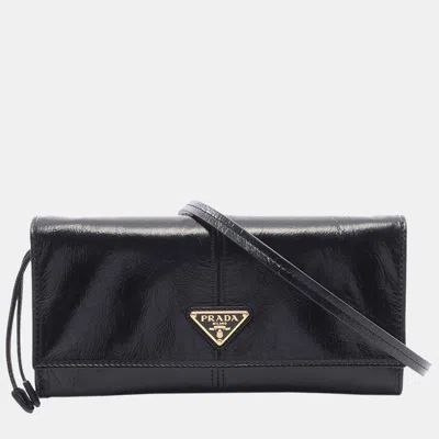 Pre-owned Prada Black Leather Logo Wallet On Strap