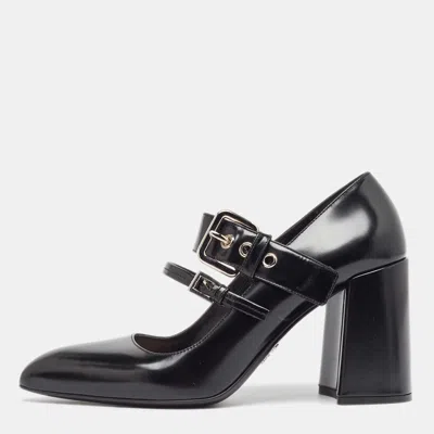 Pre-owned Prada Black Leather Mary Jane Block Heel Pumps Size 37