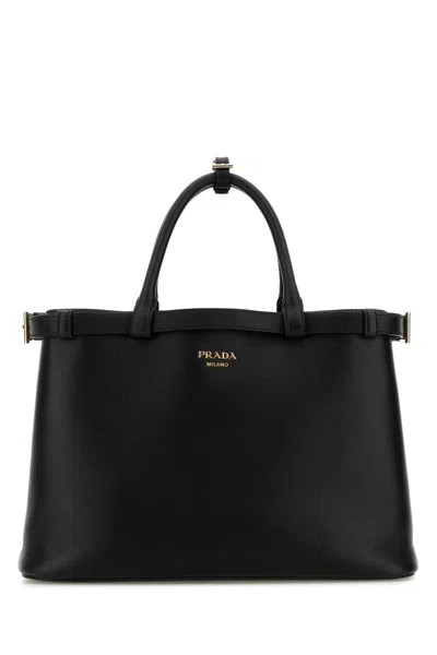 Prada Medium Nappa Leather Buckle Handbag With Adjustable Strap In Black