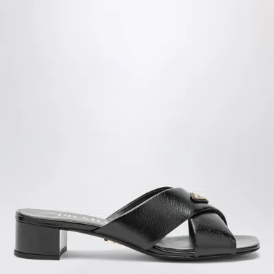 Prada Black Leather Mini Mules With Triangular Logo In Brown