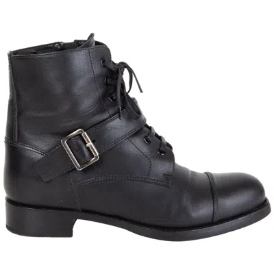 Pre-owned Prada Black Leather Monk Strap Lace-up Ankle Boots Shoes 38.5