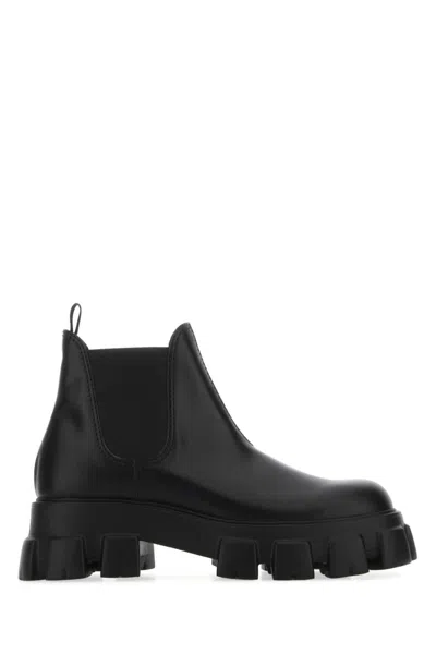 PRADA BLACK LEATHER MONOLITH ANKLE BOOTS