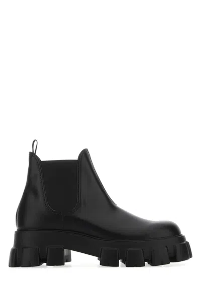 Prada Black Leather Monolith Ankle Boots In F0002