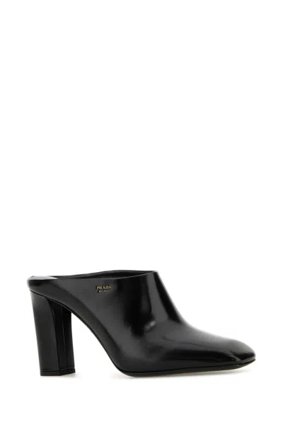 PRADA PRADA BLACK LEATHER MULES