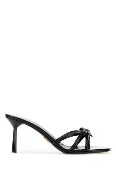Prada Leather Mules Open Toe Knot Detail In Black