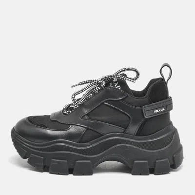 Pre-owned Prada Black Leather Nylon And Leather Pegasus Chunky Sneakers Size 38.5