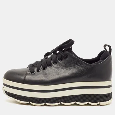 Pre-owned Prada Black Leather Platform Lace Up Sneakers Size 38