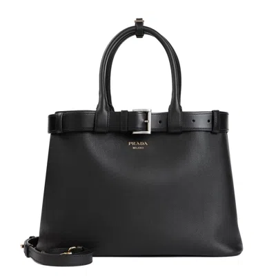 Prada Black Leather  Buckle Large Handbag
