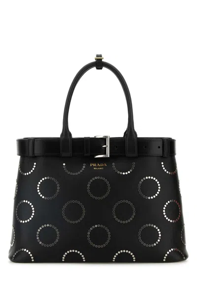 PRADA BLACK LEATHER PRADA BUCKLE LARGE HANDBAG