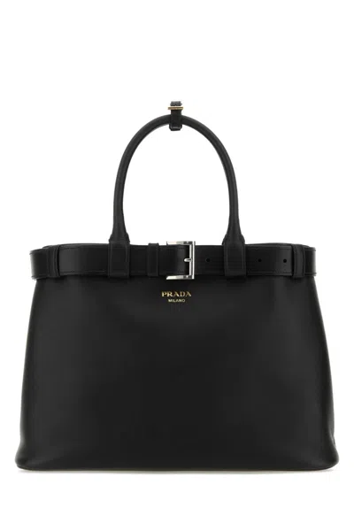 Prada Buckle Large Leather Handbag In Black