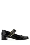 Prada Block Heel Round Toe Patent Finish Studded Detail