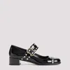 Prada Block Heel Round Toe Patent Finish Studded Detail In Black