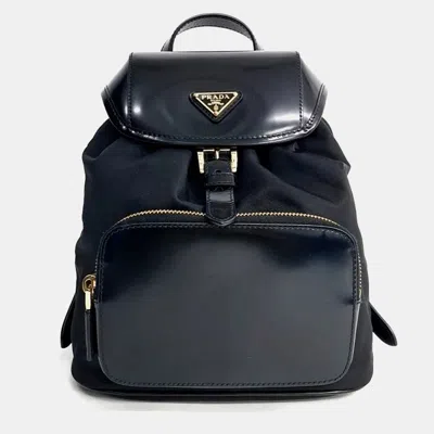 Pre-owned Prada Black Leather Re-nylon Brushed Backpack (1bz074)