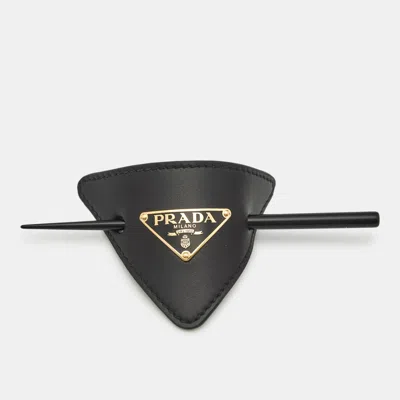 Pre-owned Prada Black Leather Resin Gold Tone Hair Clip