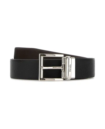 Prada Black Leather Reversible Belt In Green