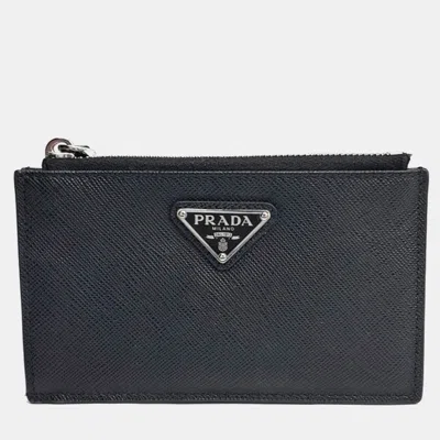 Pre-owned Prada Black Leather Saffiano Card Wallet