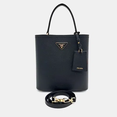 Pre-owned Prada Black Leather Saffiano Double Tote And Shoulder Bag