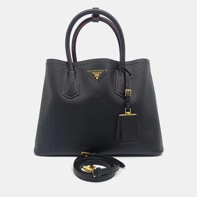 Pre-owned Prada Black Leather Saffiano Double Tote And Shoulder Bag