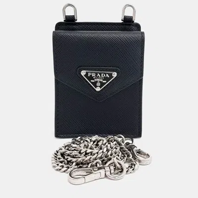 Pre-owned Prada Black Leather Saffiano Earphone Case