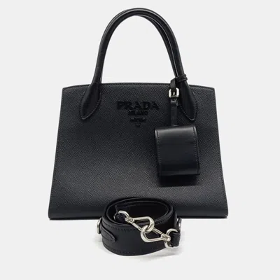 Pre-owned Prada Black Leather Saffiano Monochrome Tote And Shoulder Bag