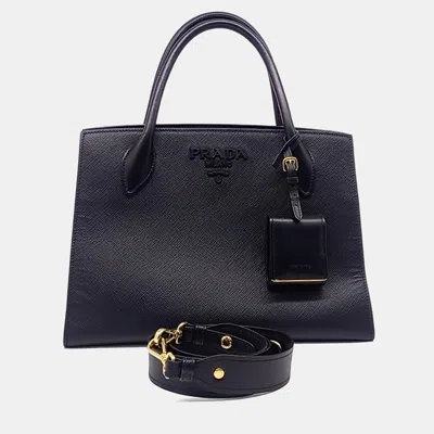 Pre-owned Prada Black Leather Saffiano Monochrome Tote And Shoulder Bag