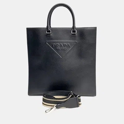 Pre-owned Prada Black Leather Saffiano Tote And Shoulder Bag