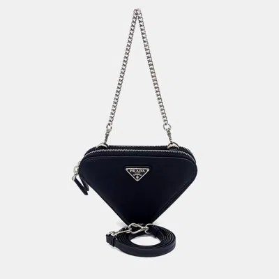 Pre-owned Prada Black Leather Saffiano Triangle Mini Pouch