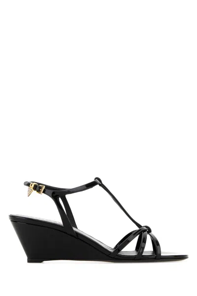 Prada Leather Sandals Wedge Heel Open Toe In Black